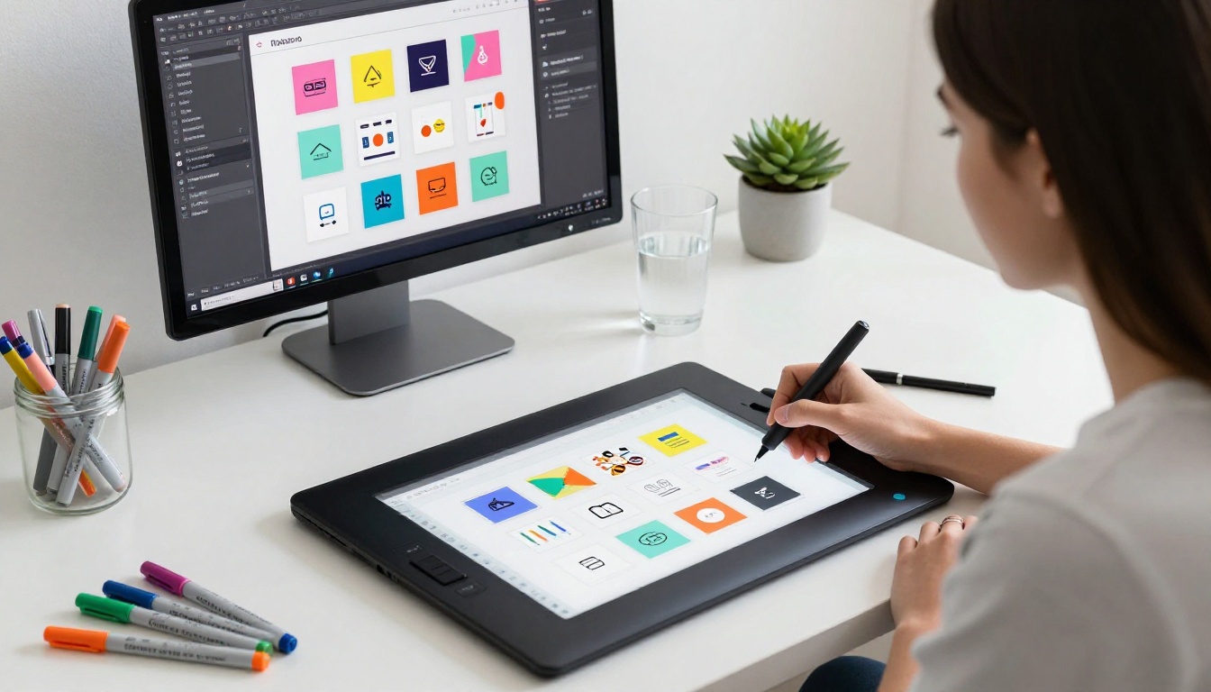 Young female graphic designer at Wacom drawing tablet with flipbook portfolio interface on monitor