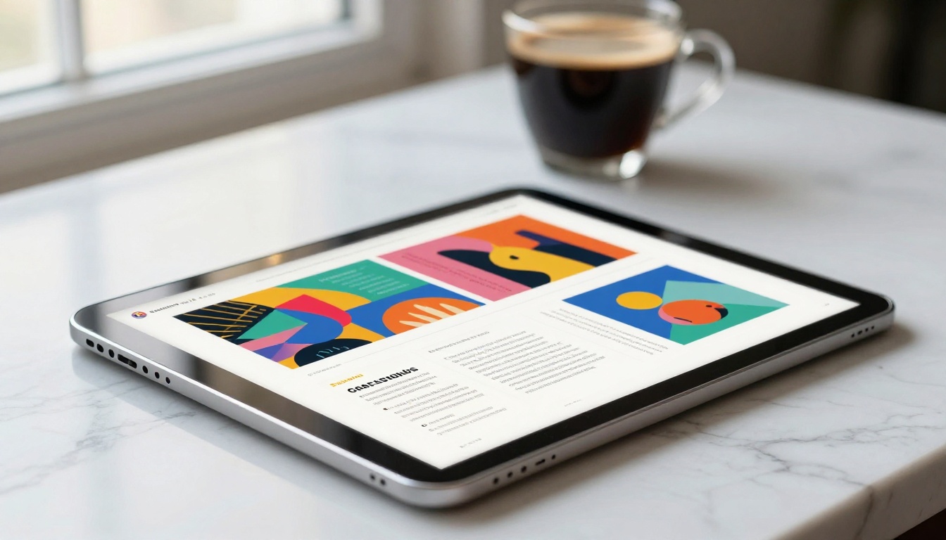 iPad Pro on white marble desk displaying open digital flipbook portfolio with page in mid-turn