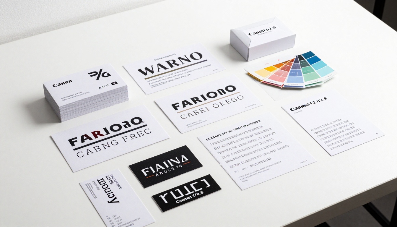 Printed brand identity materials including logo variations, business cards, and Pantone swatches on white lightbox