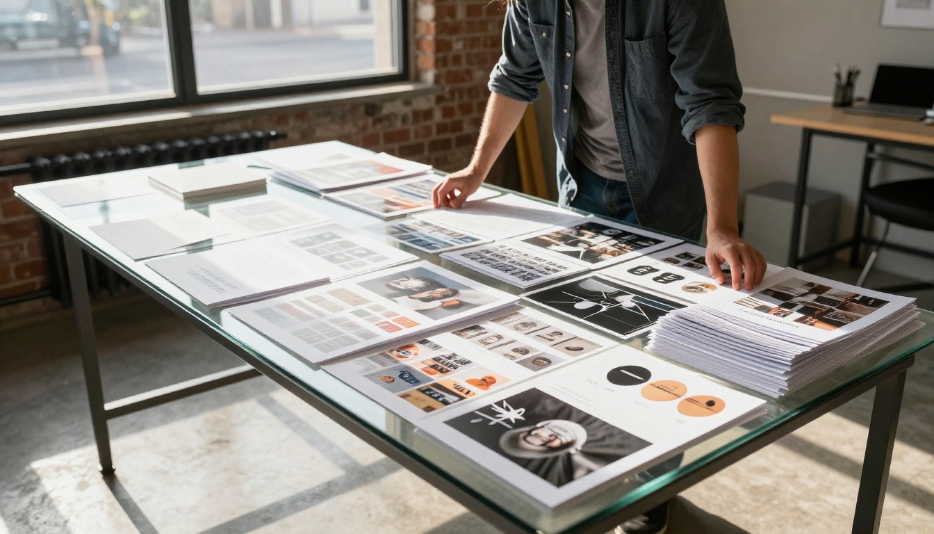 Graphic designer sorting and organizing printed portfolio pages on large glass studio table, late afternoon light