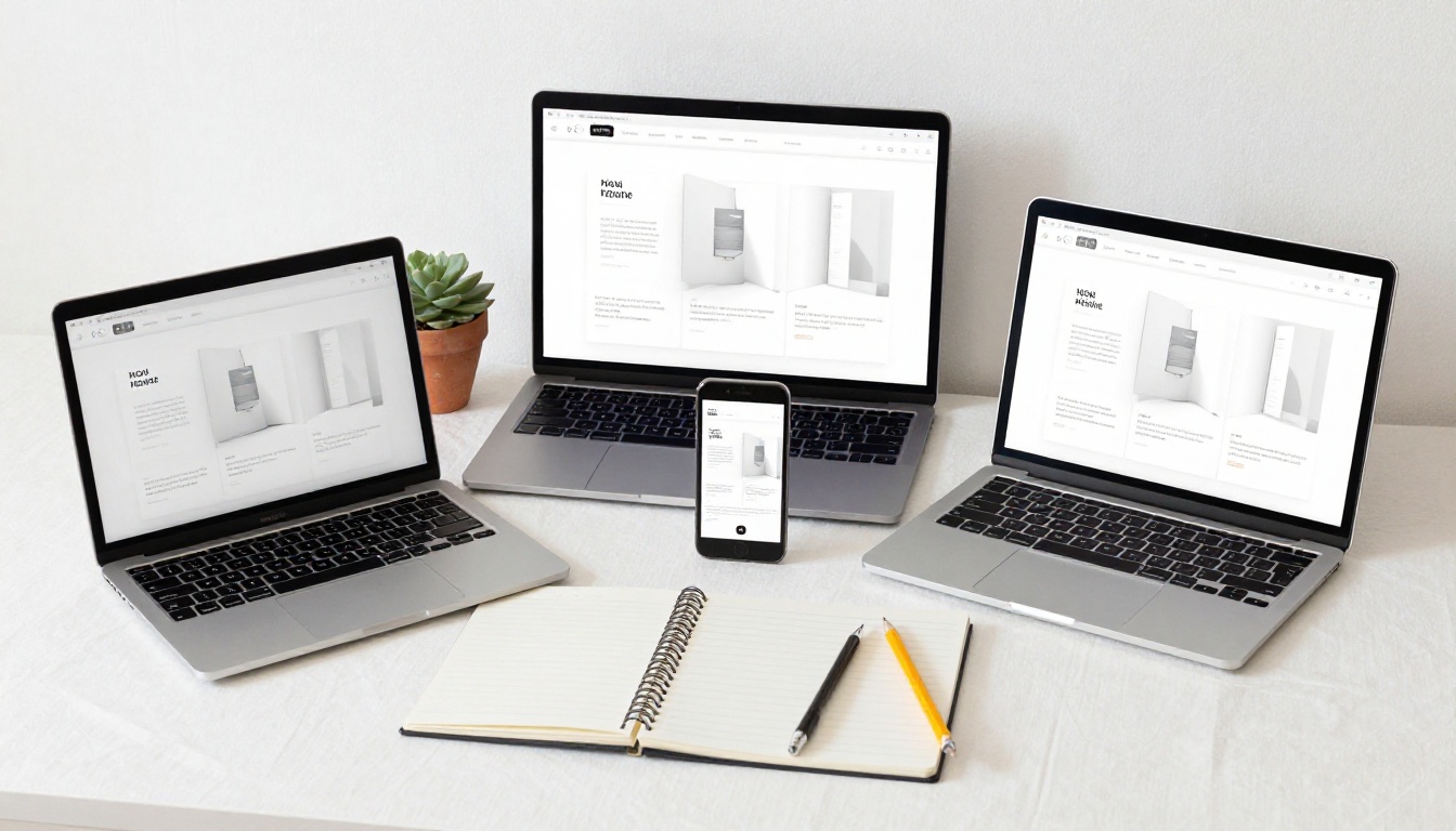 Editorial styled desk setup showing MacBook Pro, iPhone, and iPad all displaying the same graphic design flipbook portfolio