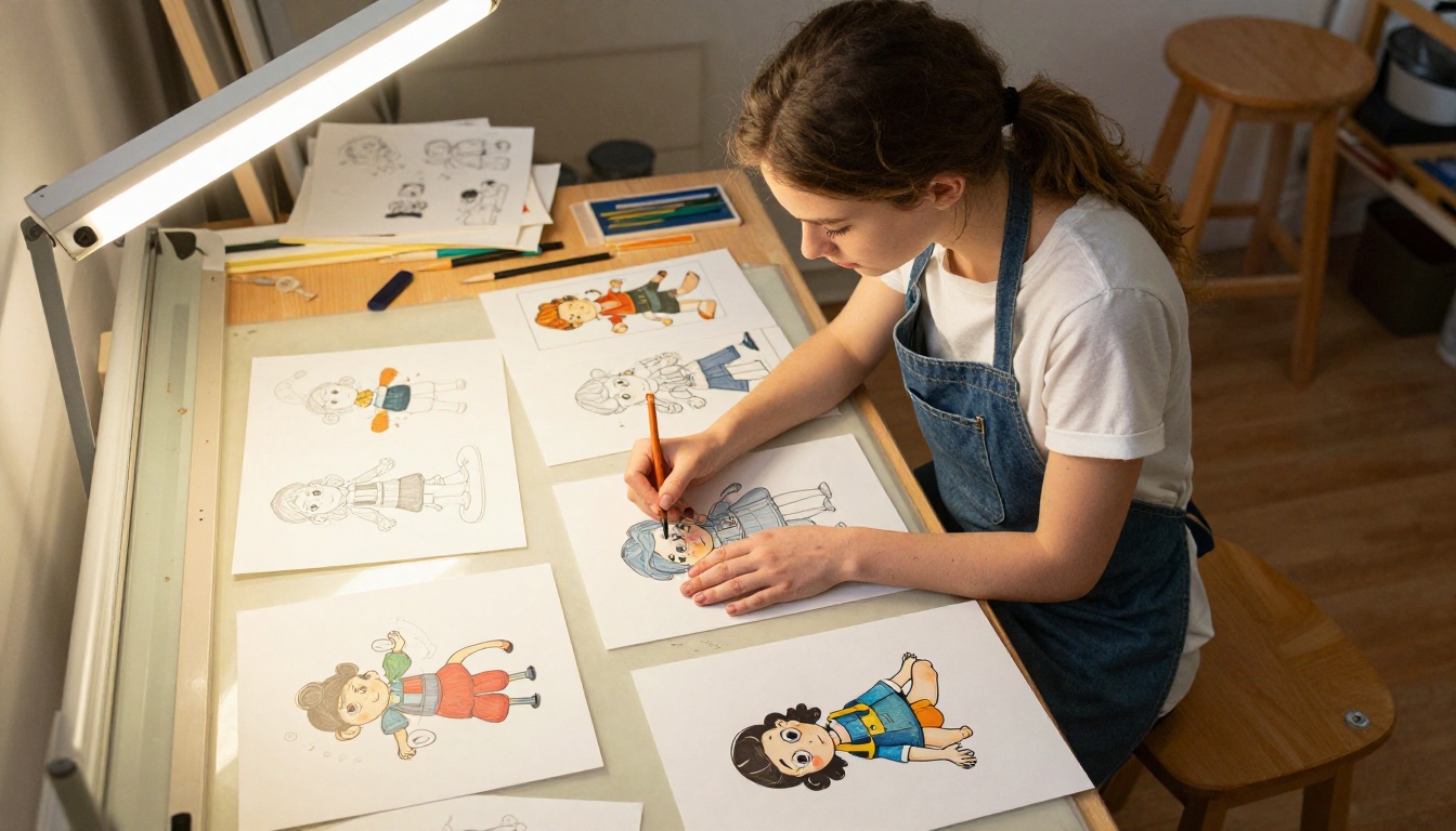 Illustrator arranging portfolio artwork on a light table in a warm studio