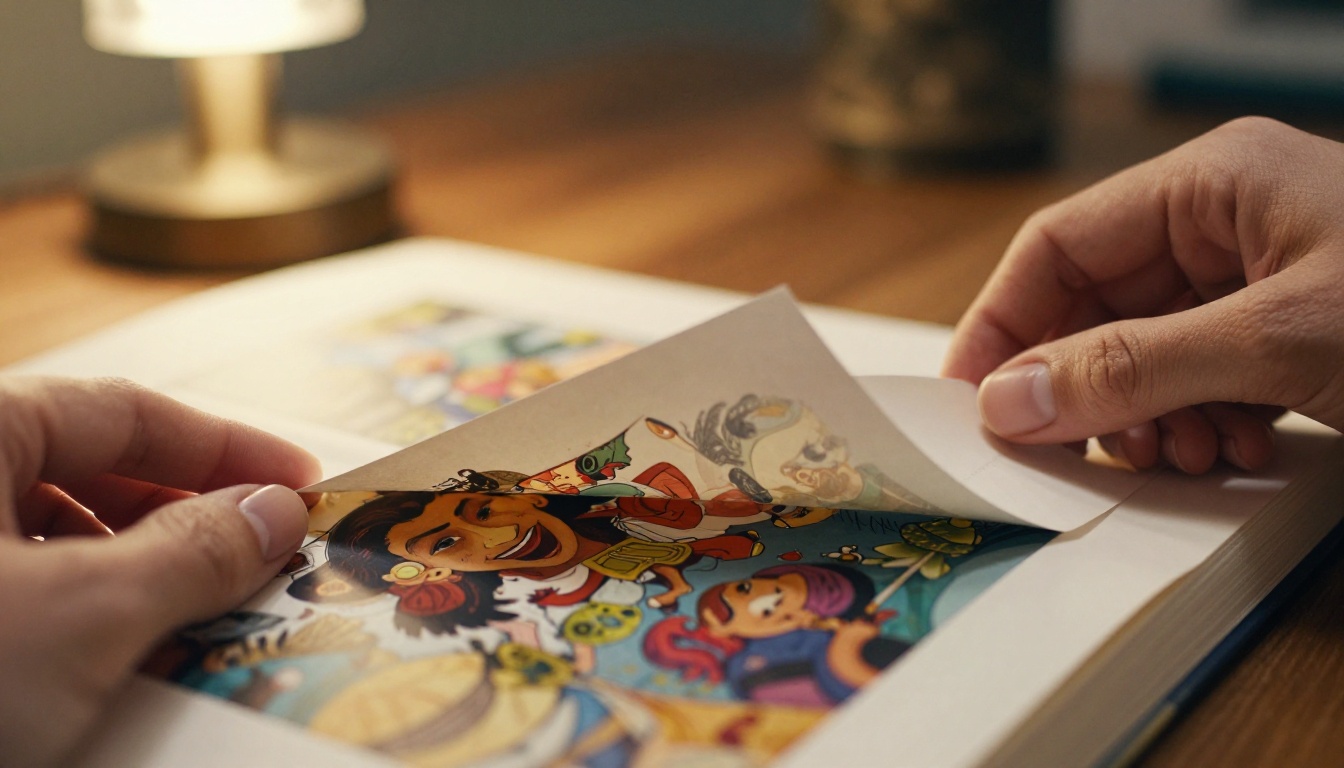 Close-up of hands turning a page in an illustration portfolio book