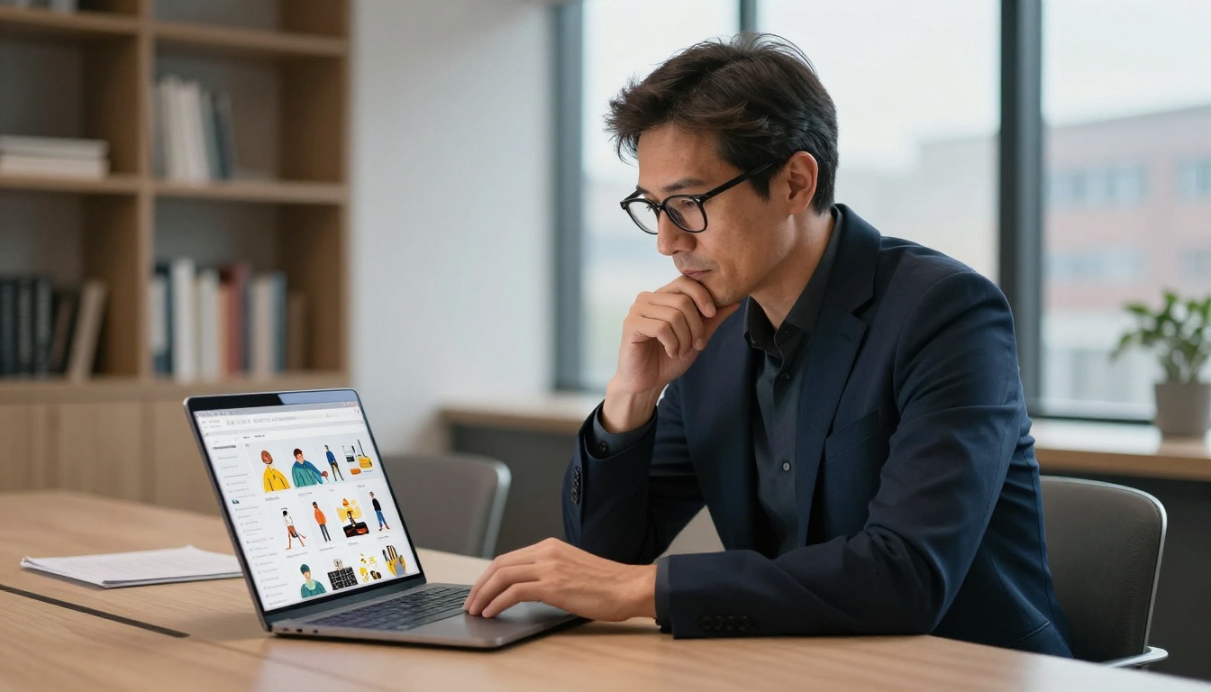 Art director reviewing a digital flipbook portfolio on a laptop