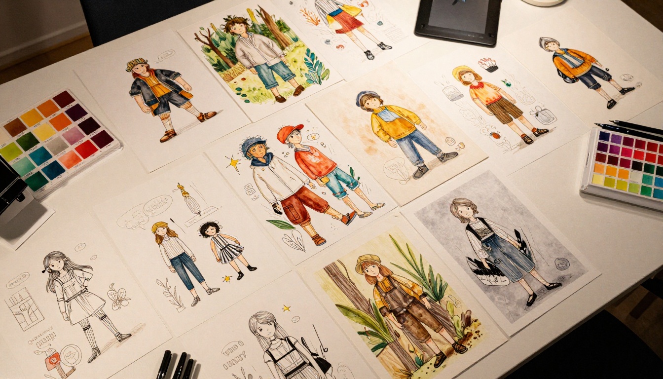 Aerial overhead view of illustration artworks spread across a desk