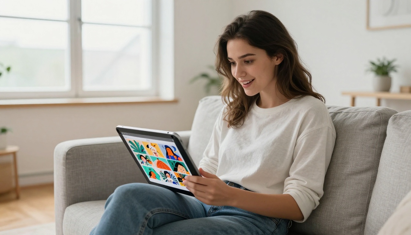 Young woman browsing an illustration flipbook portfolio on an iPad