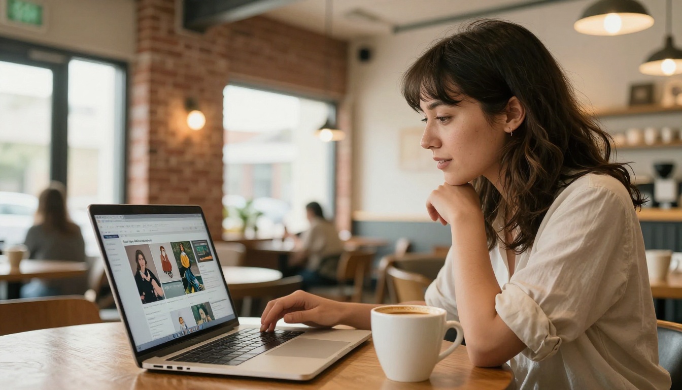 Female illustrator showing her digital portfolio to a client at a coffee shop