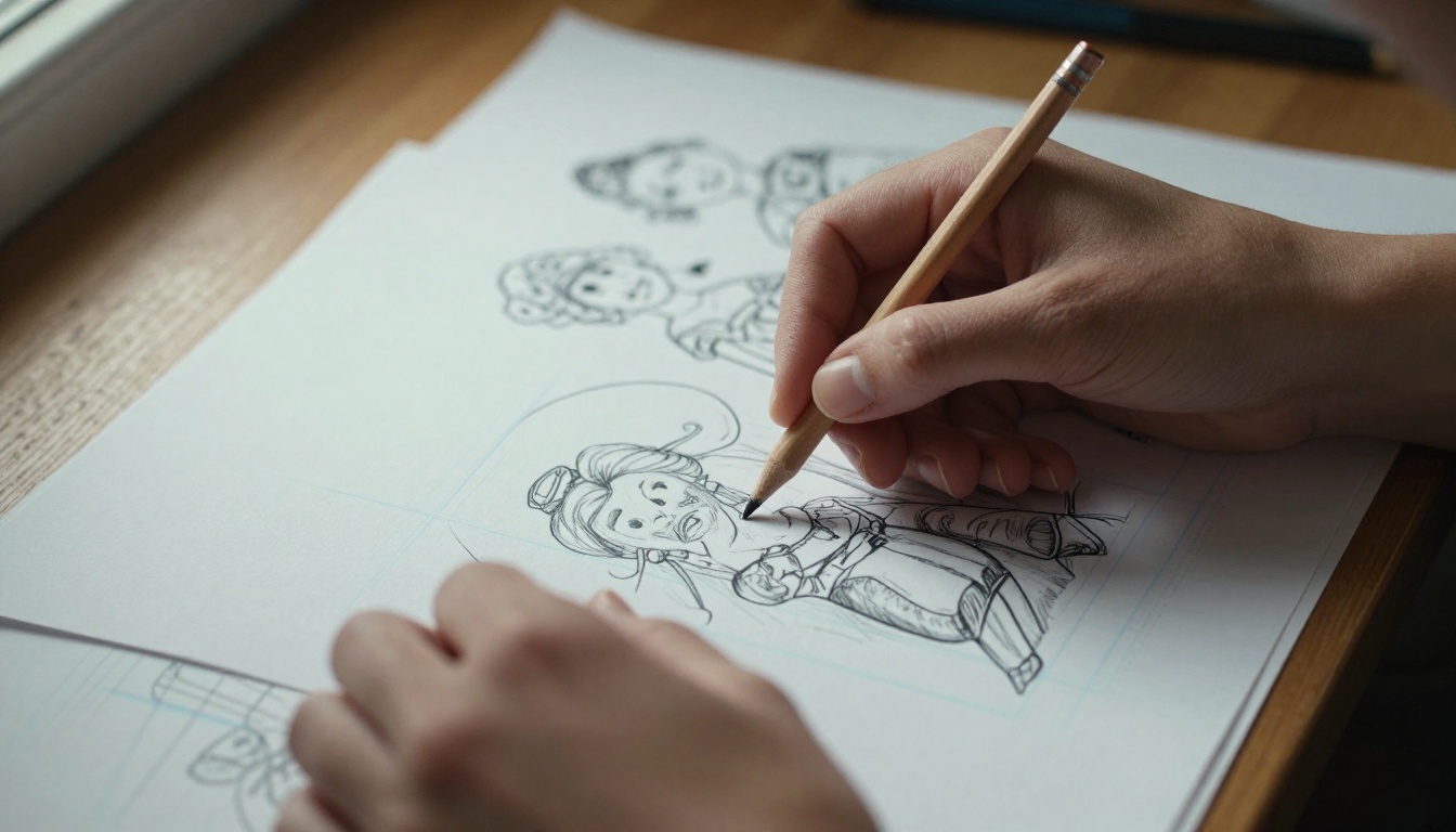Close-up of illustrator's hands organizing and sorting illustration sketches on a desk