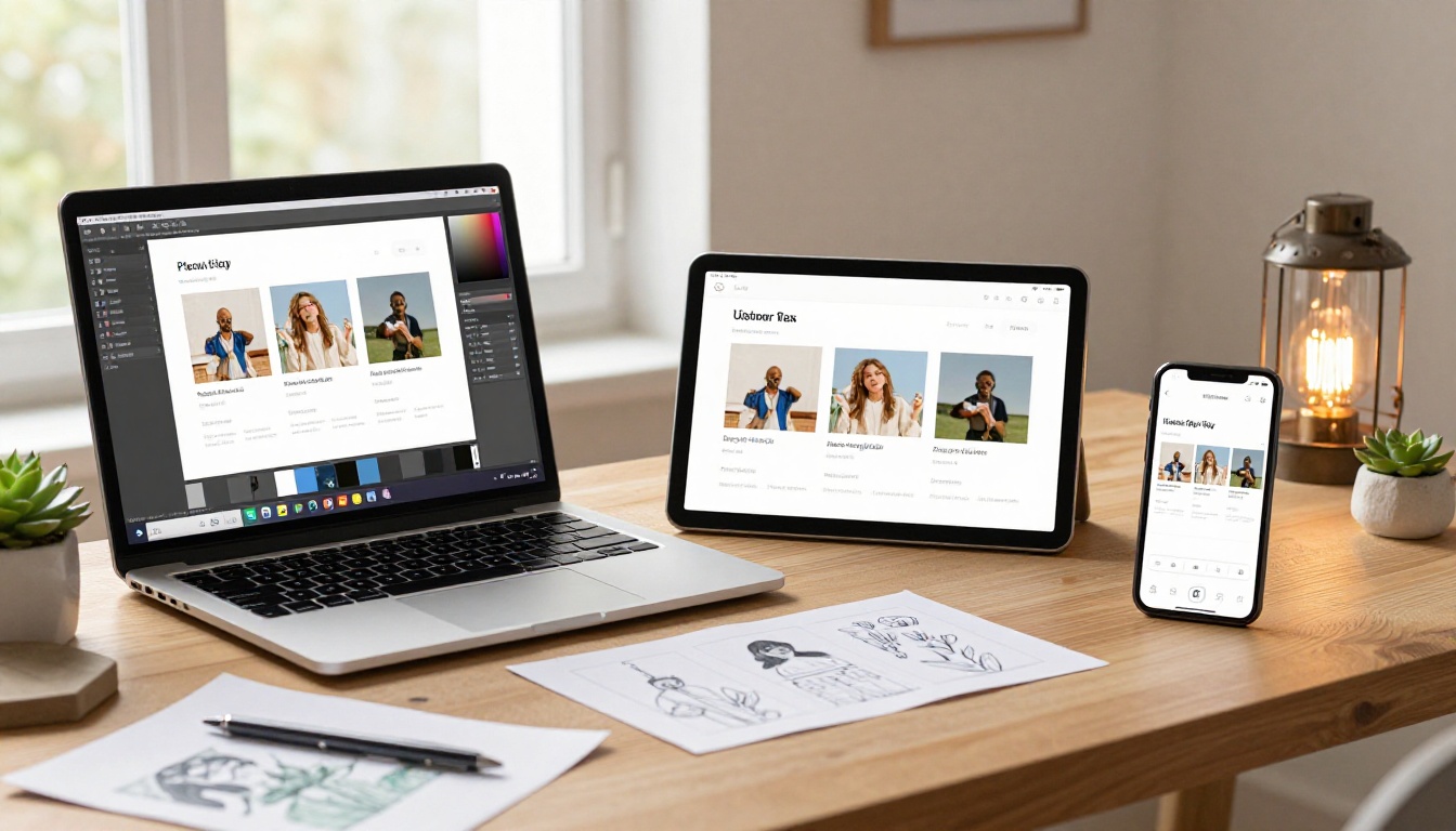 Creative workspace showing a flipbook portfolio across desktop, tablet, and smartphone simultaneously
