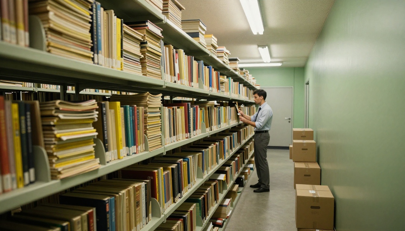 Overflowing library storage room with stacks of worn books and damaged archives