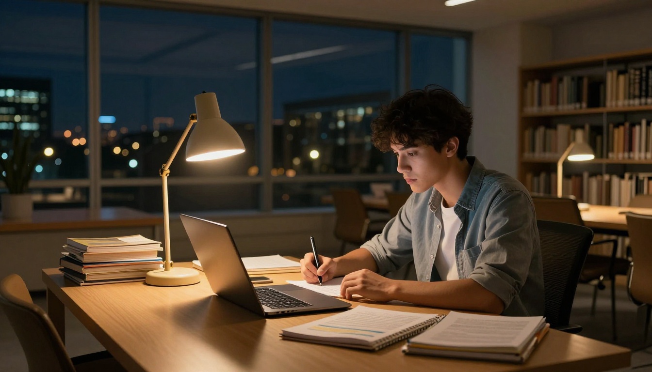 University student studying late at night in a modern campus library with laptop and digital resources
