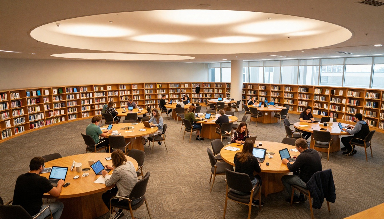 Aerial view of a modern public library reading room with patrons using tablets and laptops