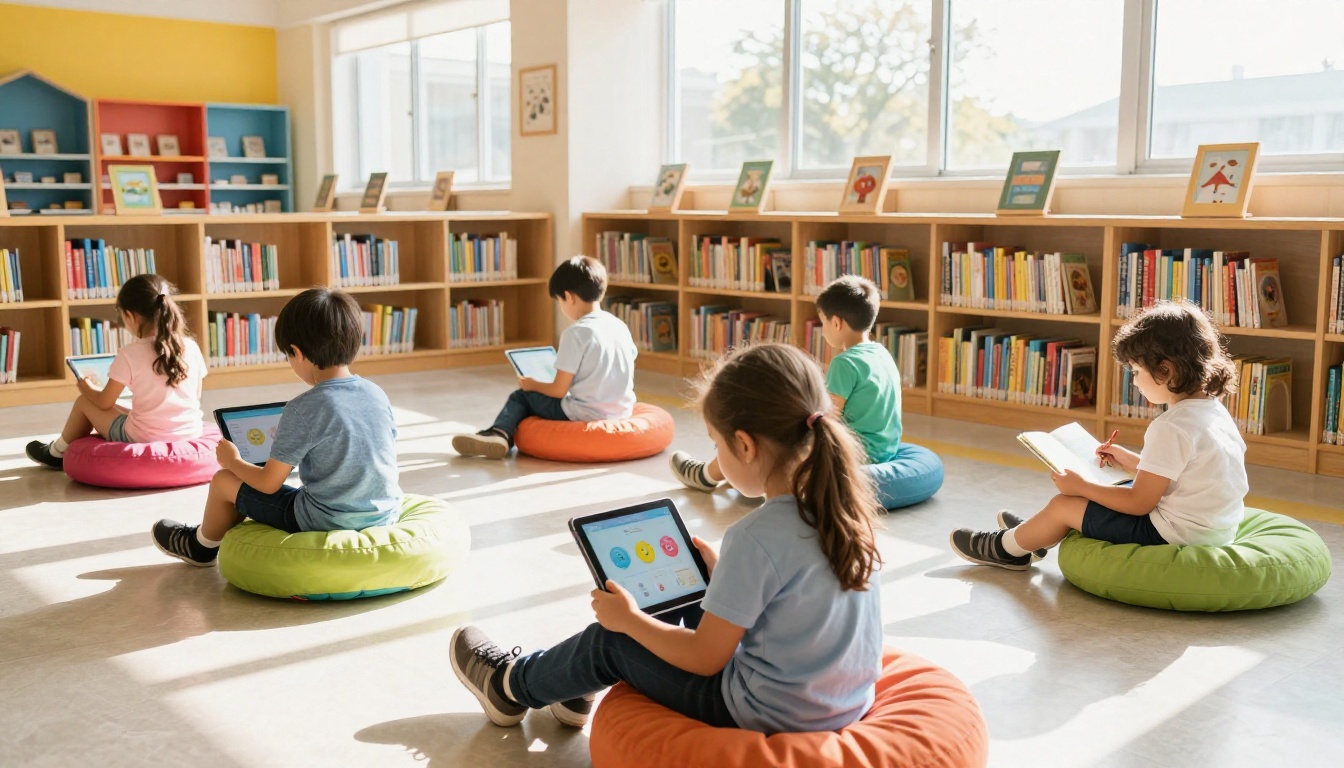 School librarian helping elementary children use tablets to read interactive digital books