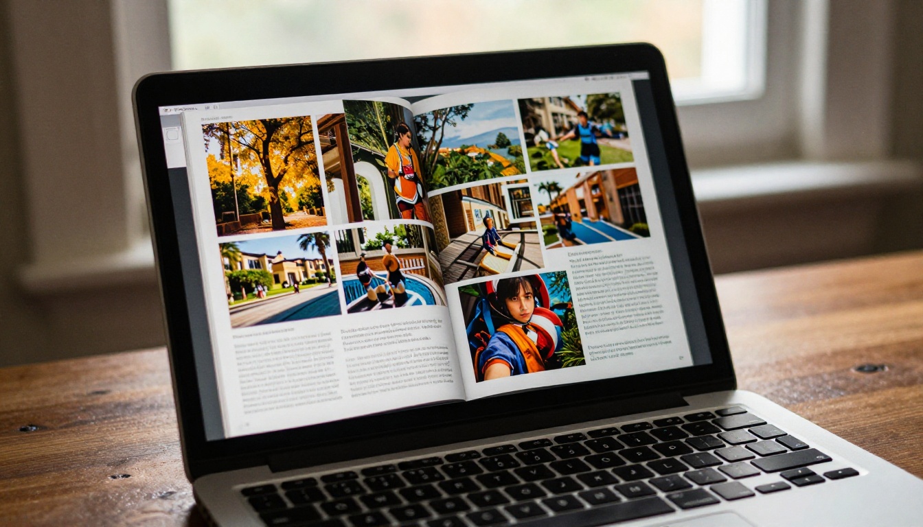 Close-up of a laptop screen displaying a digital magazine flipbook with vivid photographs