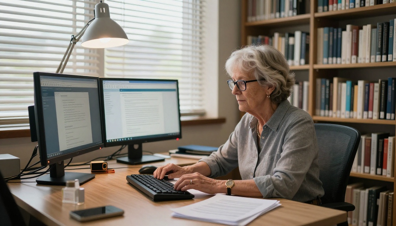 Senior librarian uploading PDF documents to a digital library platform at a modern workstation