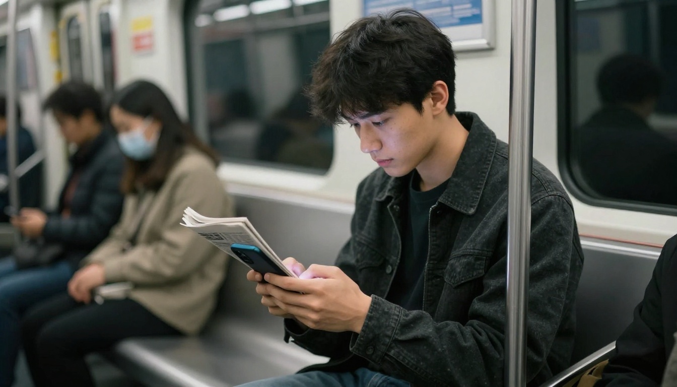 Young man reading a digital newspaper flipbook on his phone while commuting on a subway