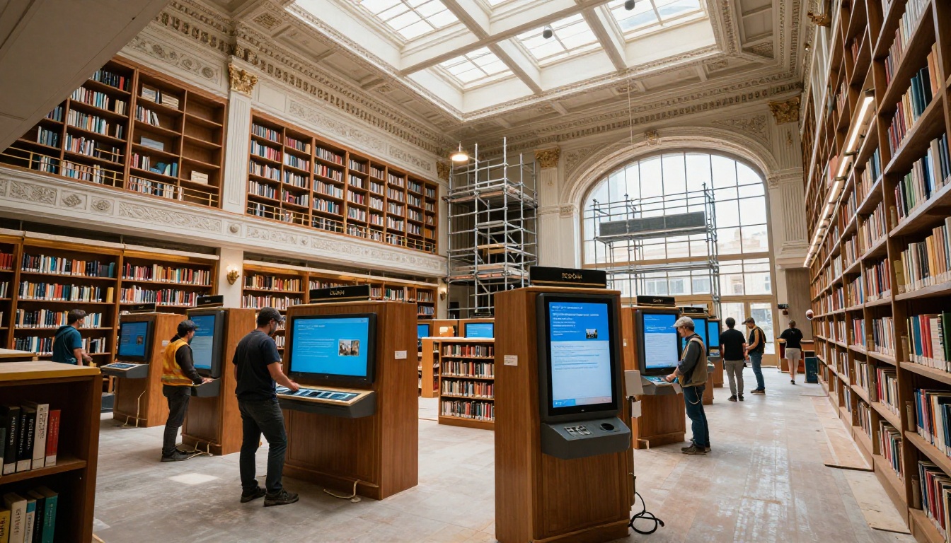 Modern public library renovation blending digital display screens with preserved original bookshelves