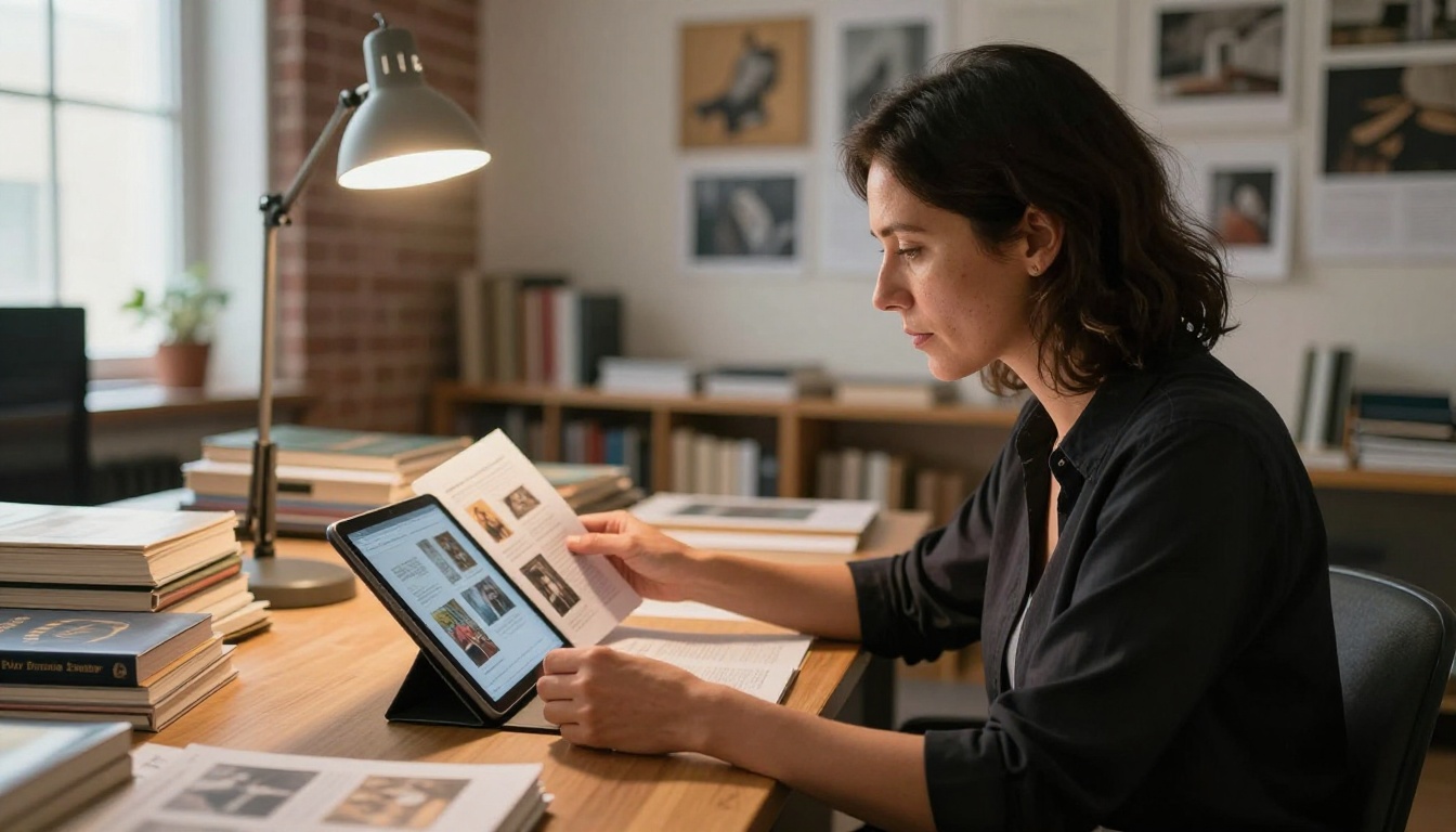 Museum curator reviewing digital flipbook content on tablet at curatorial desk