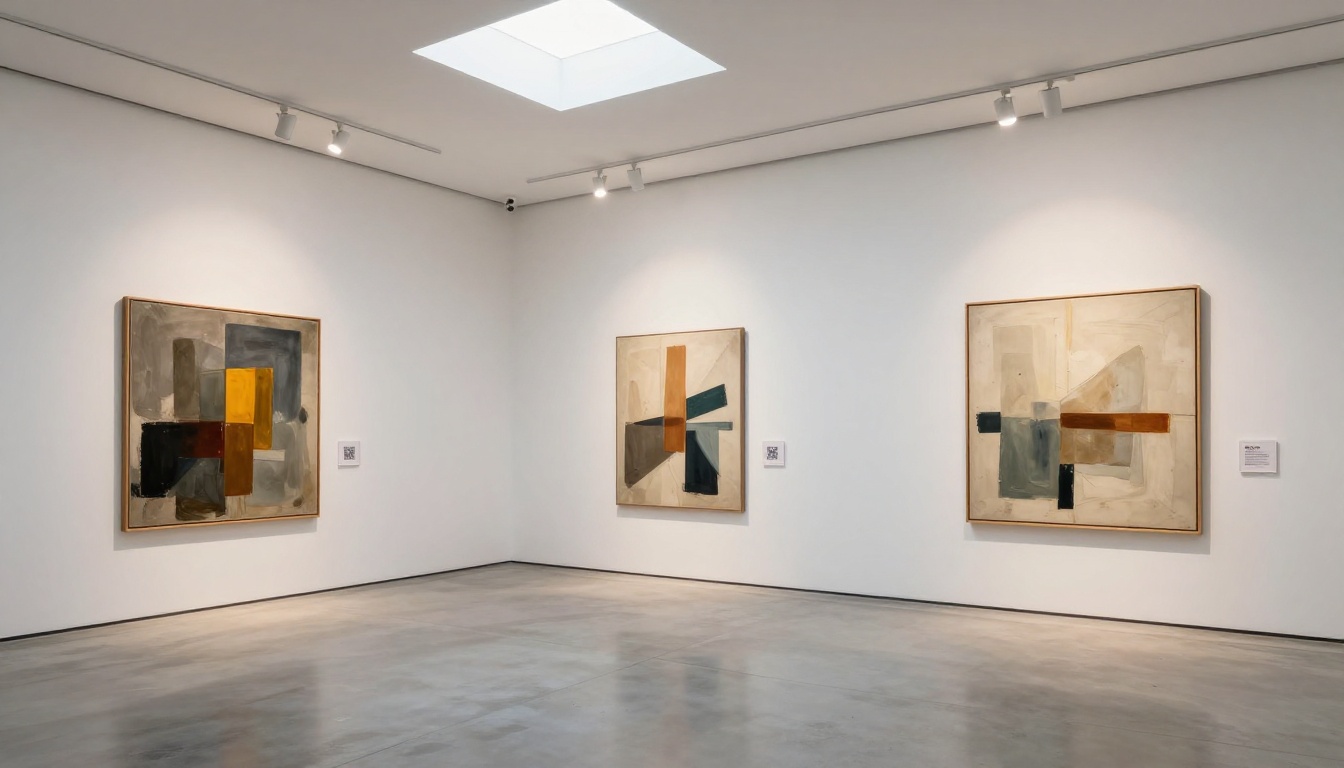 Gallery wall with artworks and QR codes mounted beside exhibit labels