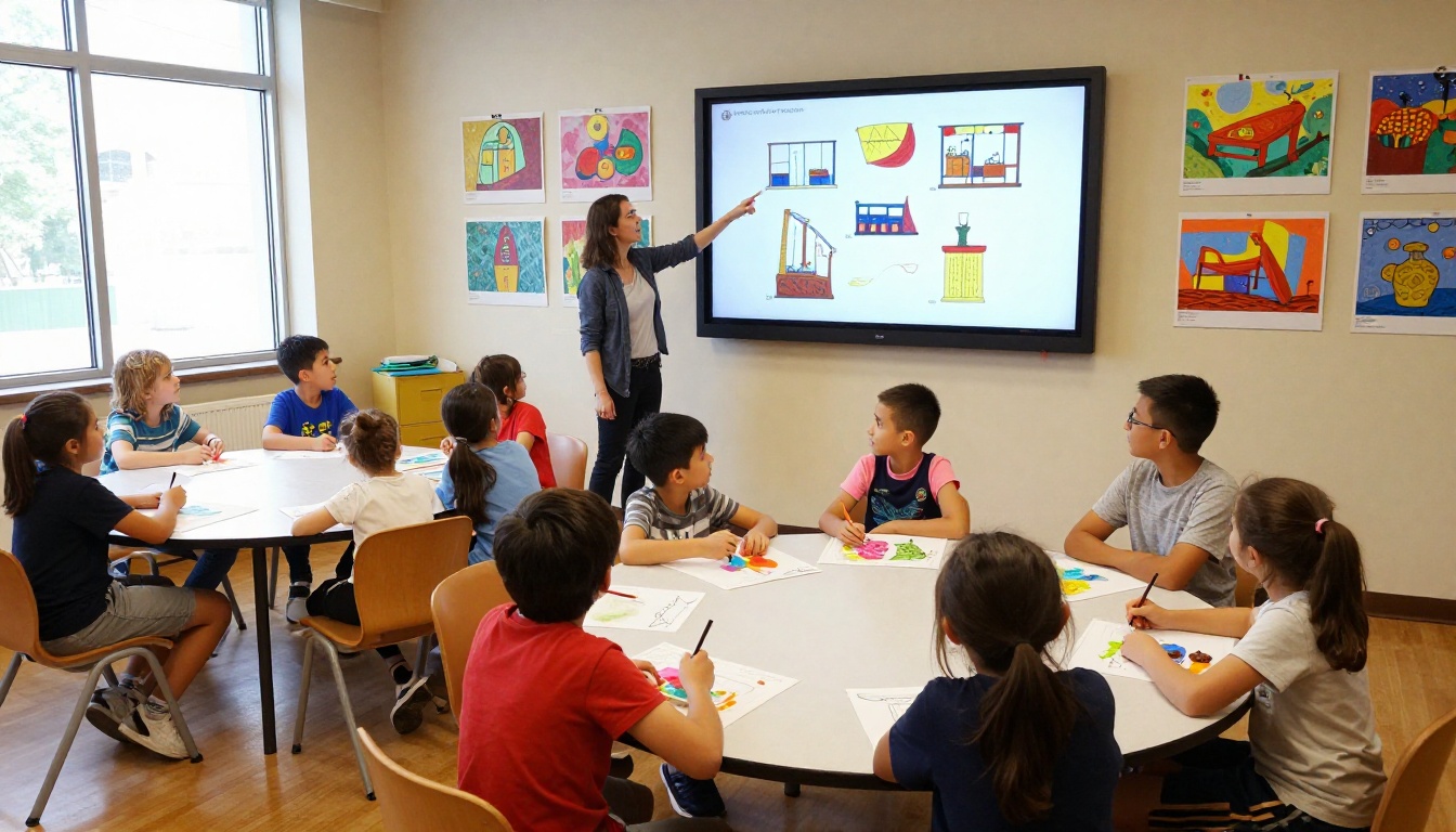 Museum education workshop with children and teacher engaging with digital exhibit content