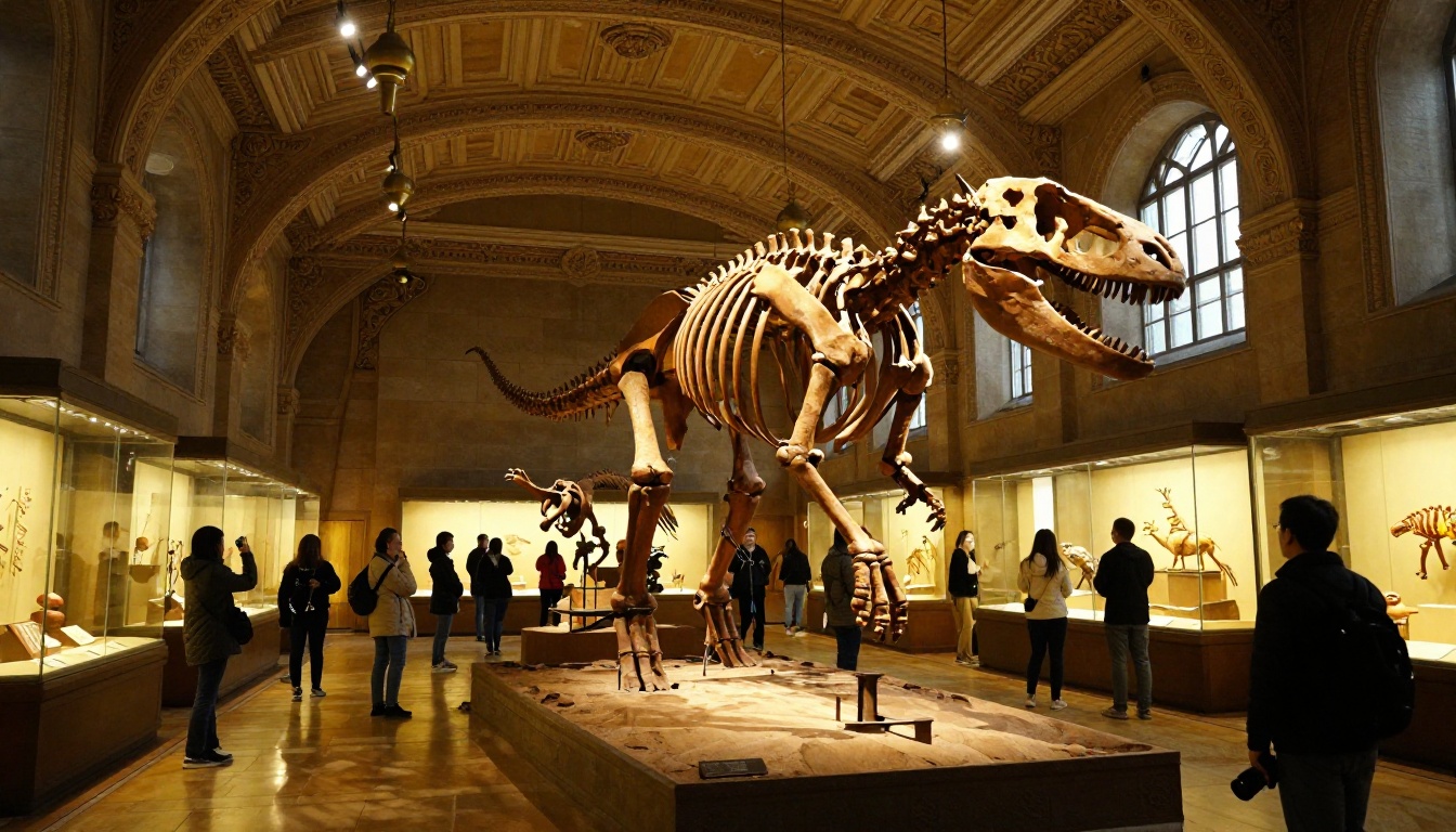Natural history museum fossil exhibit hall with visitors exploring specimens