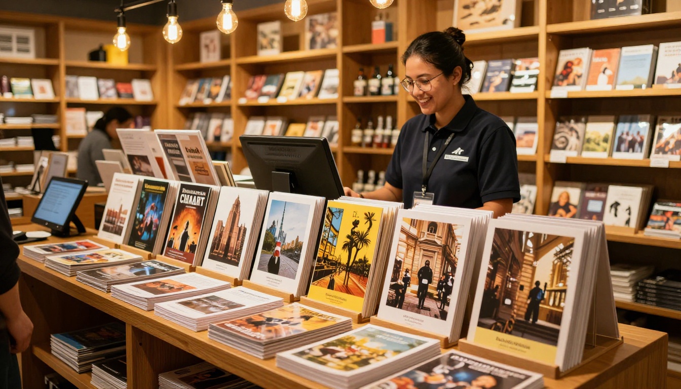 Museum gift shop with exhibit catalogs displayed and staff welcoming visitors