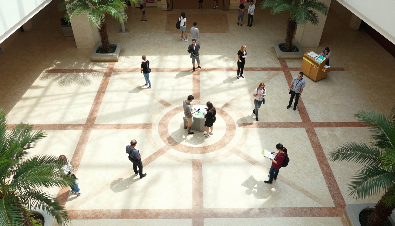 Museum atrium aerial view showing visitors exploring the space with digital guides