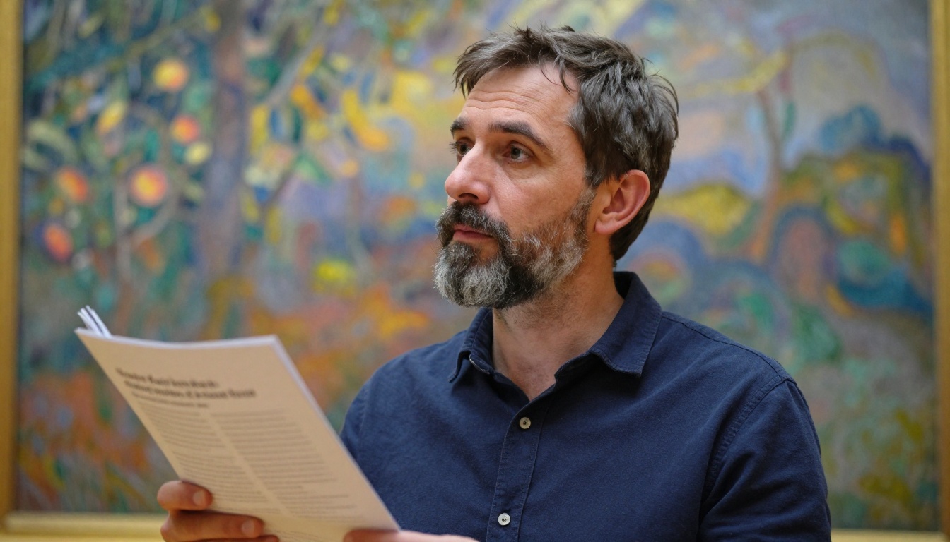 Museum visitor studying impressionist painting with exhibit program in hand