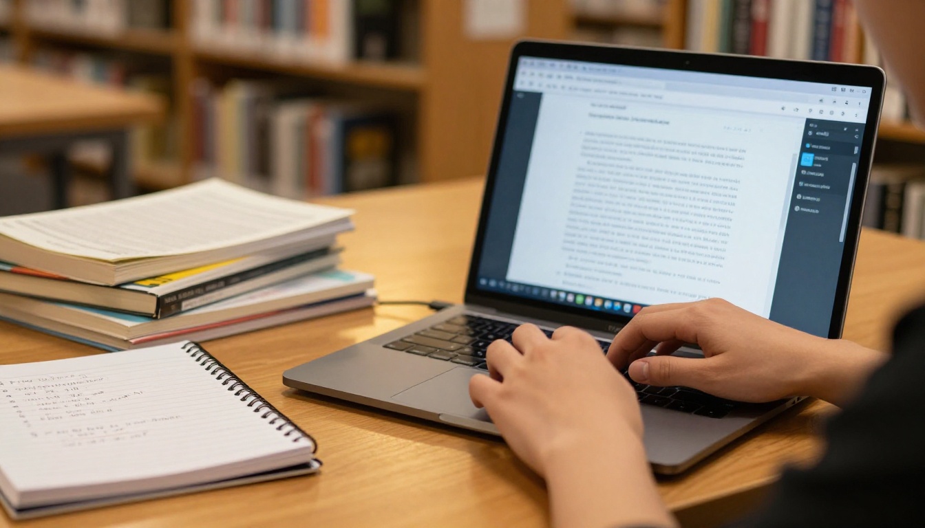 Student uploading a PDF document on a MacBook at a university library desk