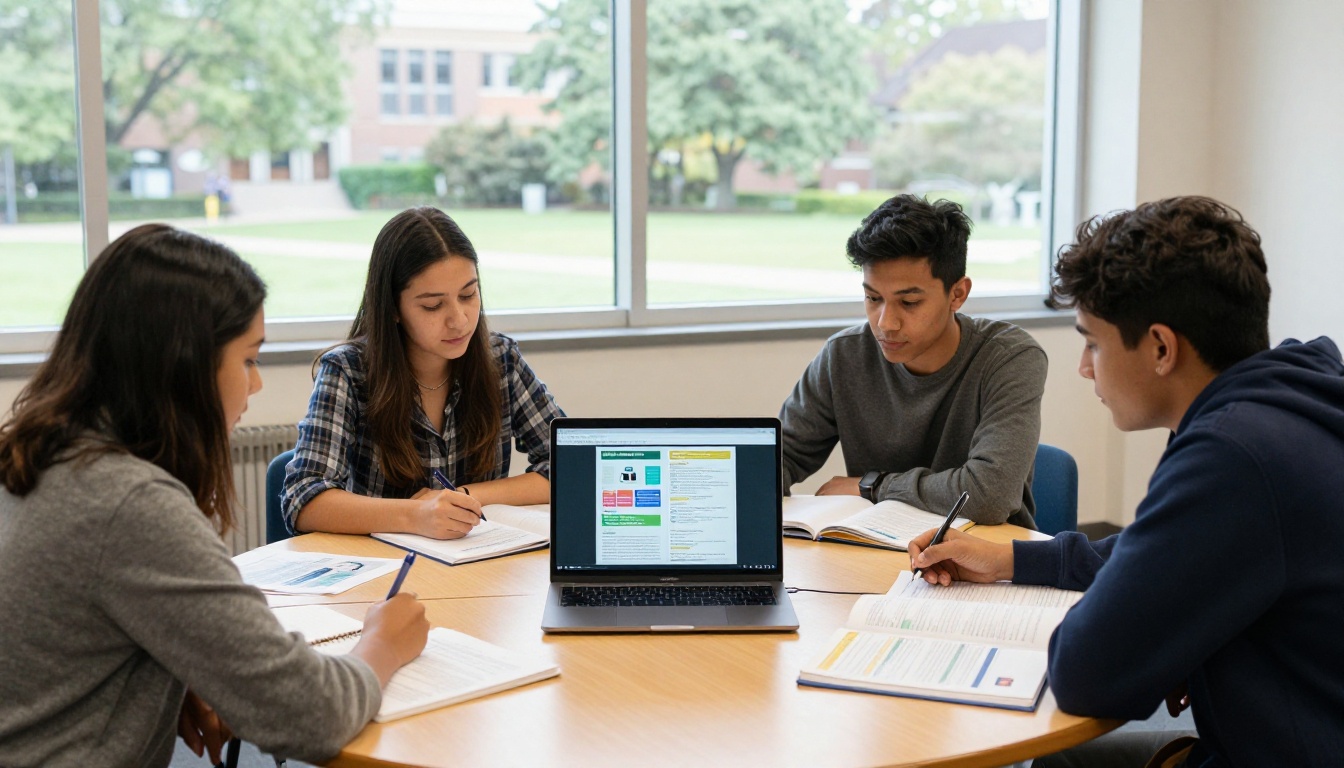 Students reviewing a digital department newsletter on a laptop together