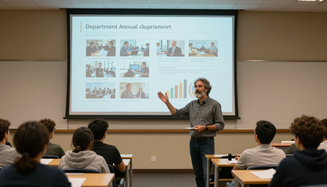 Professor presenting a department annual report flipbook on screen in a university lecture hall