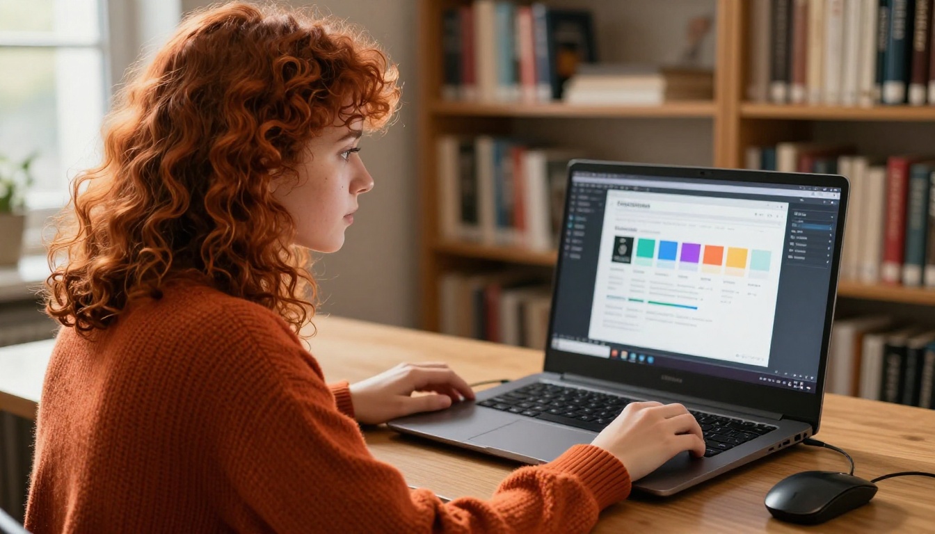 Female student customizing a flipbook's branding at a library carrel desk