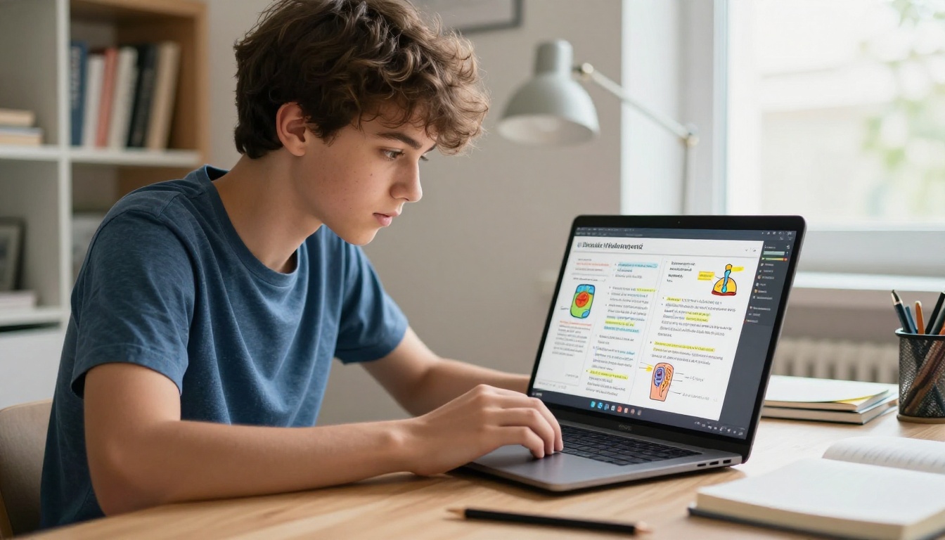 Student reviewing digital flipbook notes on laptop