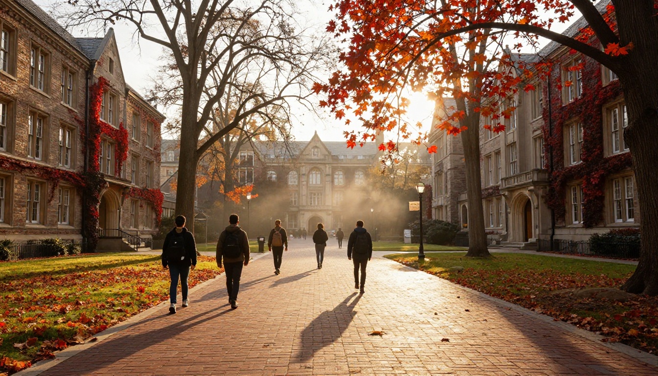 Prestigious university campus courtyard with autumn maple trees and Gothic architecture in golden morning light Prestigious university campus courtyard with autumn maple trees and Gothic architecture in golden morning light