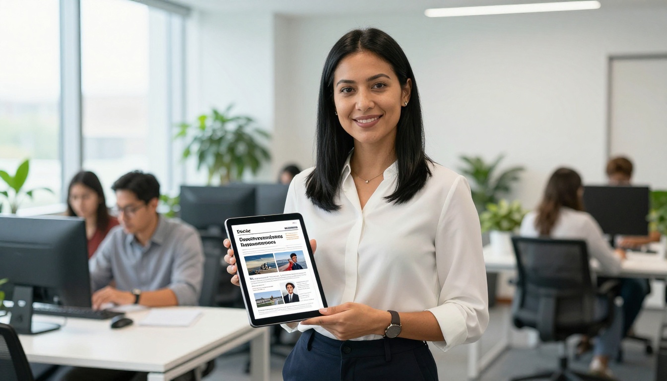 University communications coordinator holding an iPad with a department newsletter flipbook in a modern office University communications coordinator holding an iPad with a department newsletter flipbook in a modern office