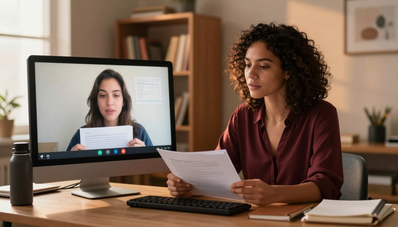 Tutor on video call teaching a student online with dual monitors