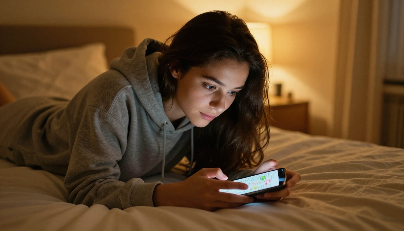 Student on phone scrolling through a flipbook in a cozy bedroom setting