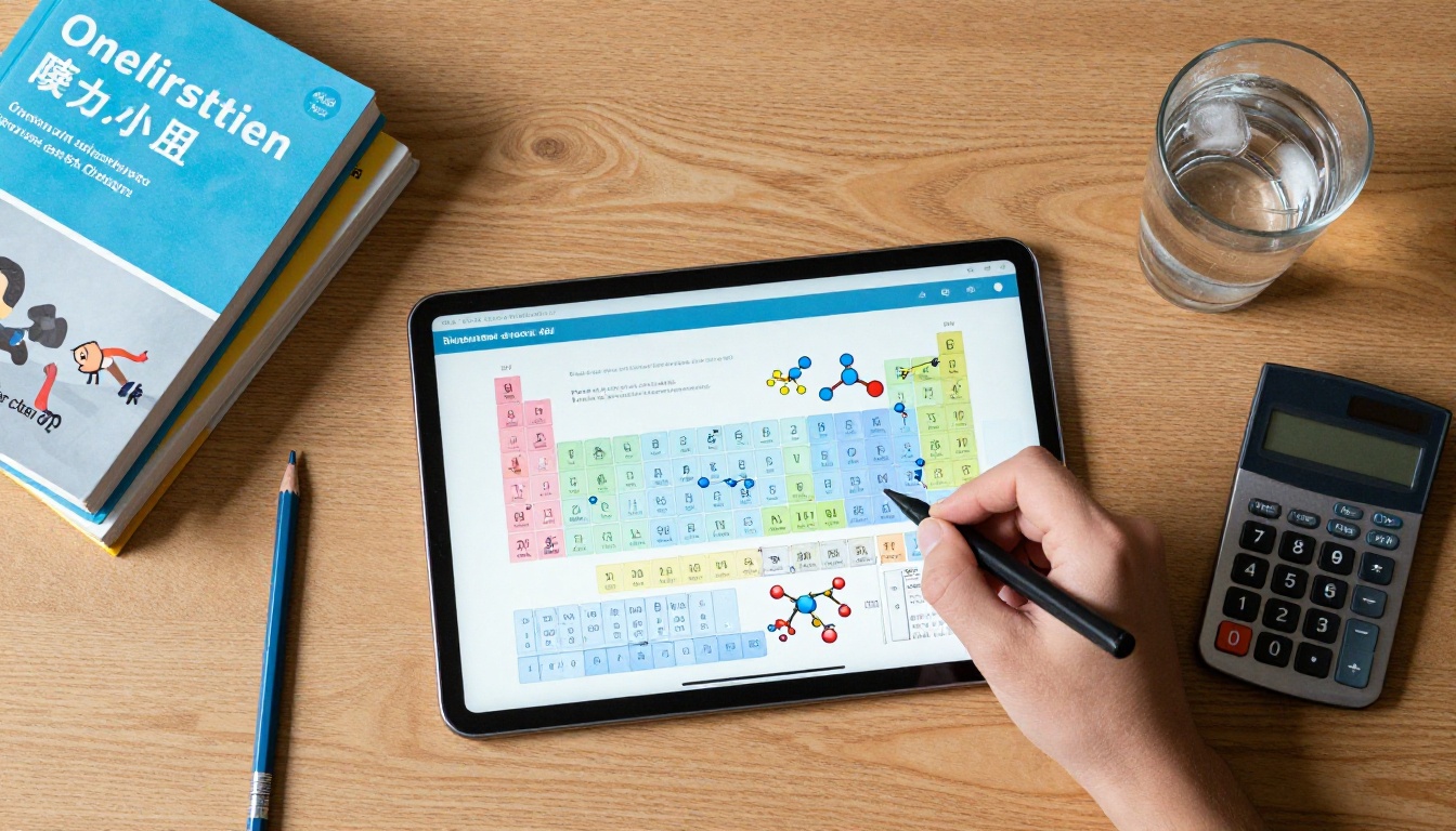 Tablet with science study flipbook flat lay with textbooks and calculator