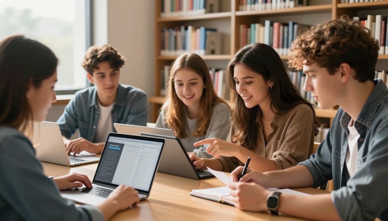 Three diverse students collaborating with tablets at a library table