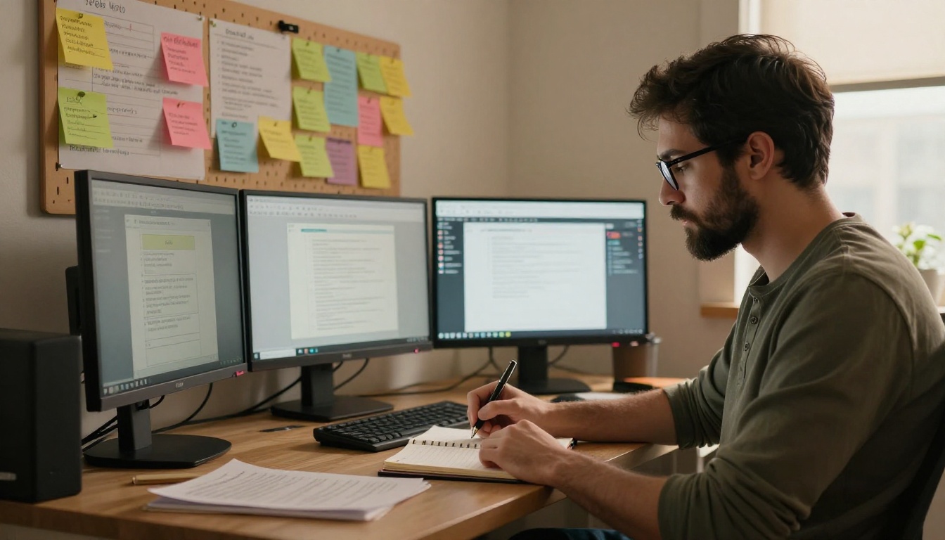 Organized tutor workspace with multiple monitors and color-coded notes