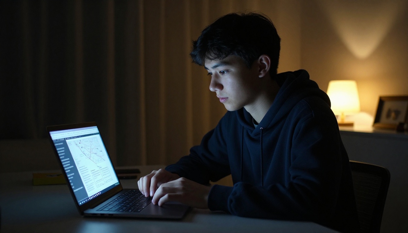 Student studying late at night with laptop illuminated by flipbook glow