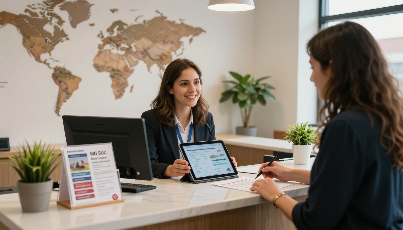Reception desk scene with staff presenting digital enrollment materials to prospective students