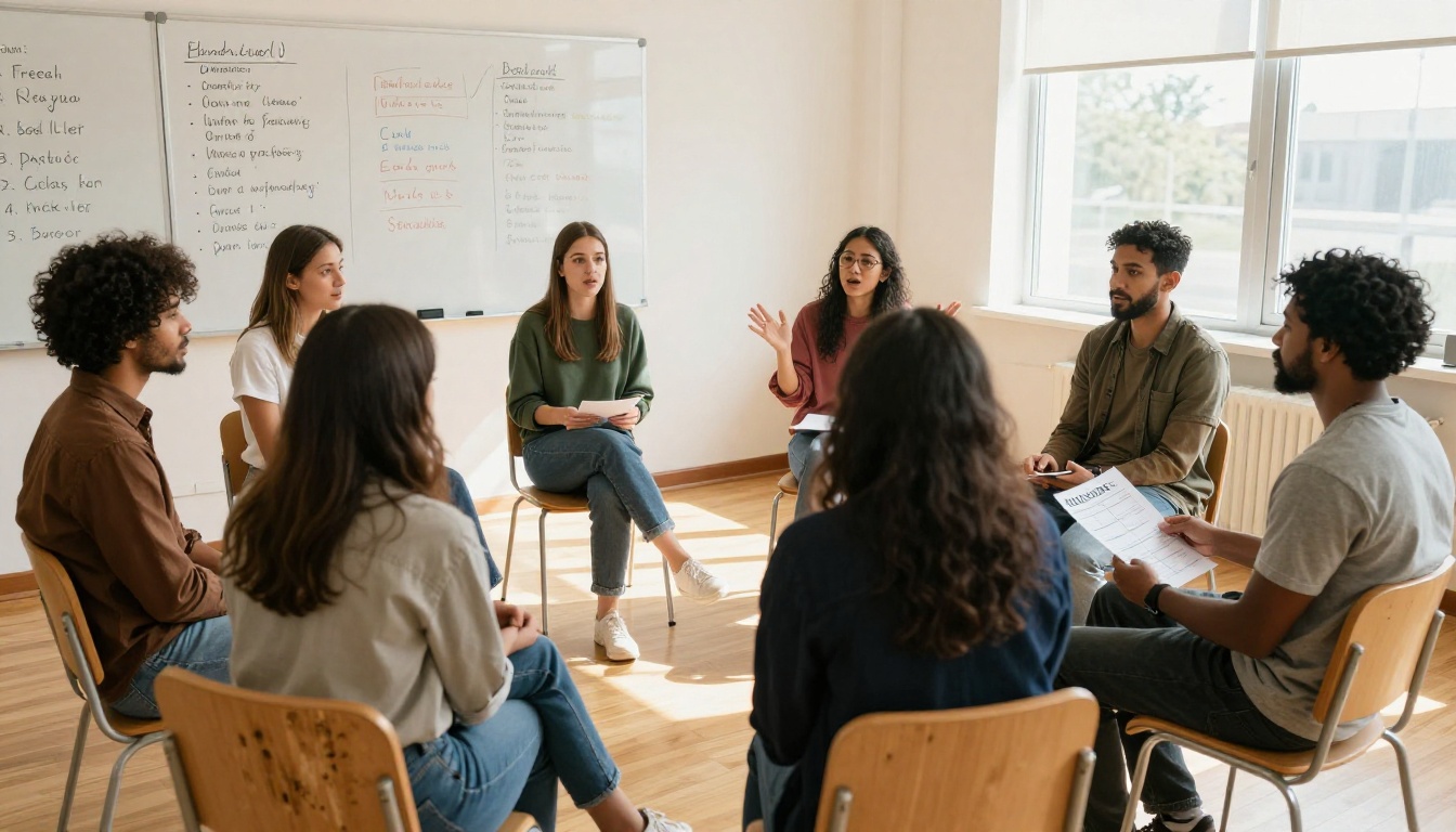 Conversation class with diverse adult students in a bright modern language school