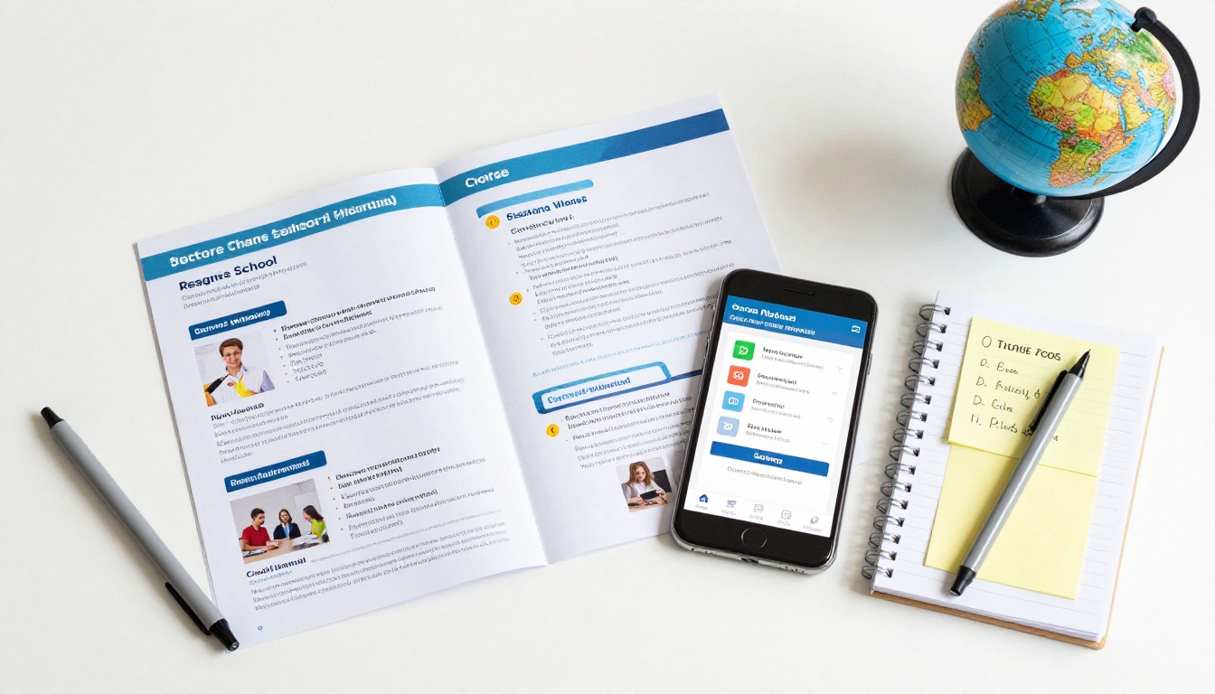 Flat lay of language school marketing materials including printed and digital formats