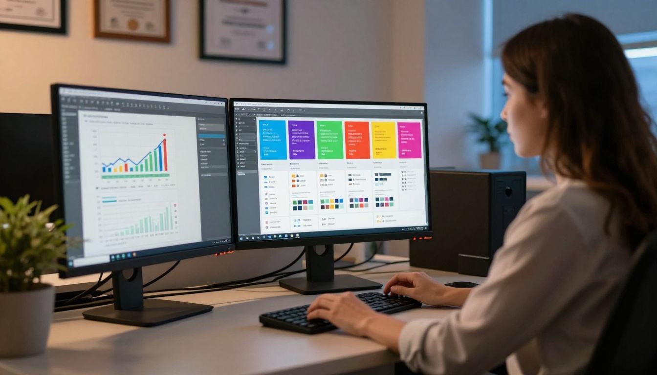 Language school administrator customizing a digital brochure with brand colors and fonts