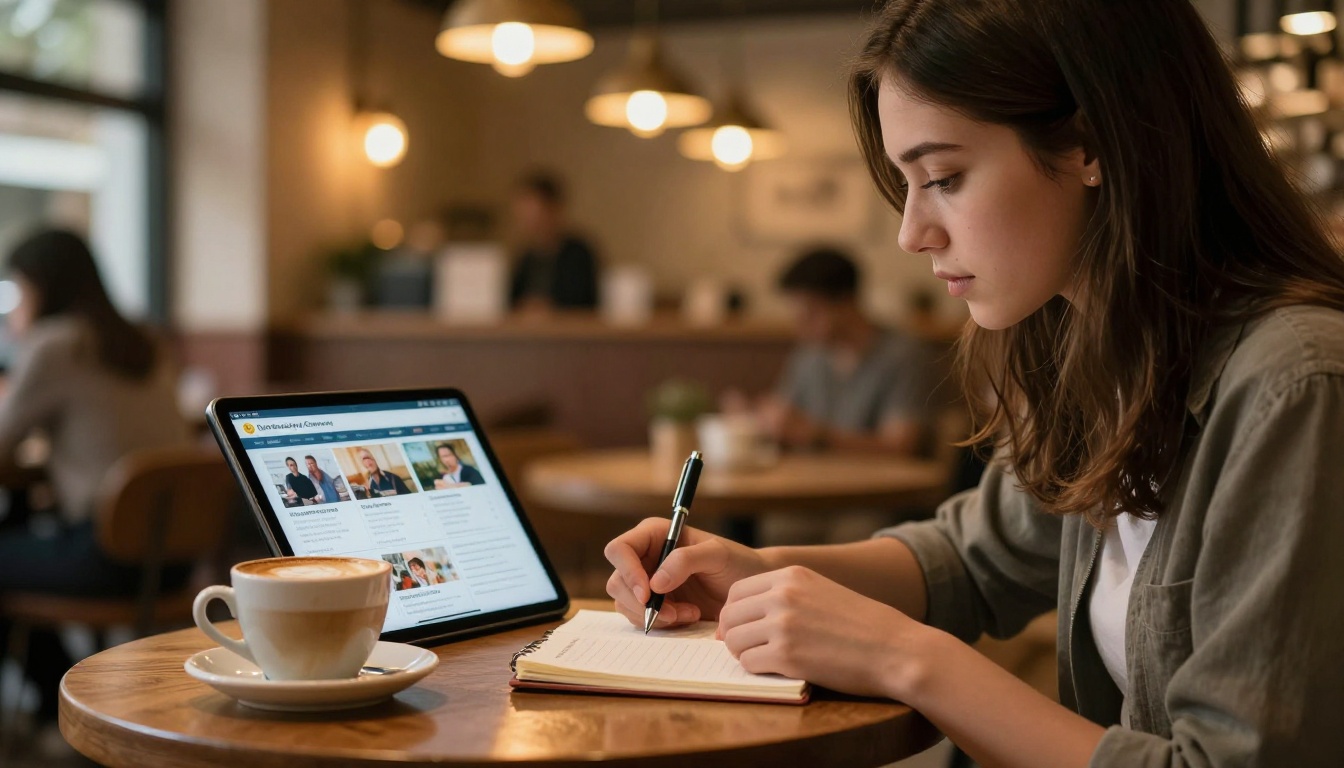 Student in a cafe reviewing a language school course catalog on a smartphone