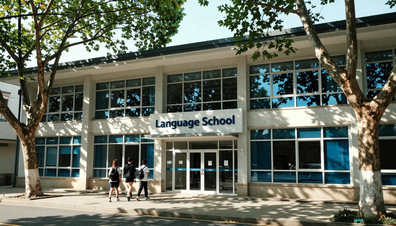 Language school exterior on a sunny day with students arriving