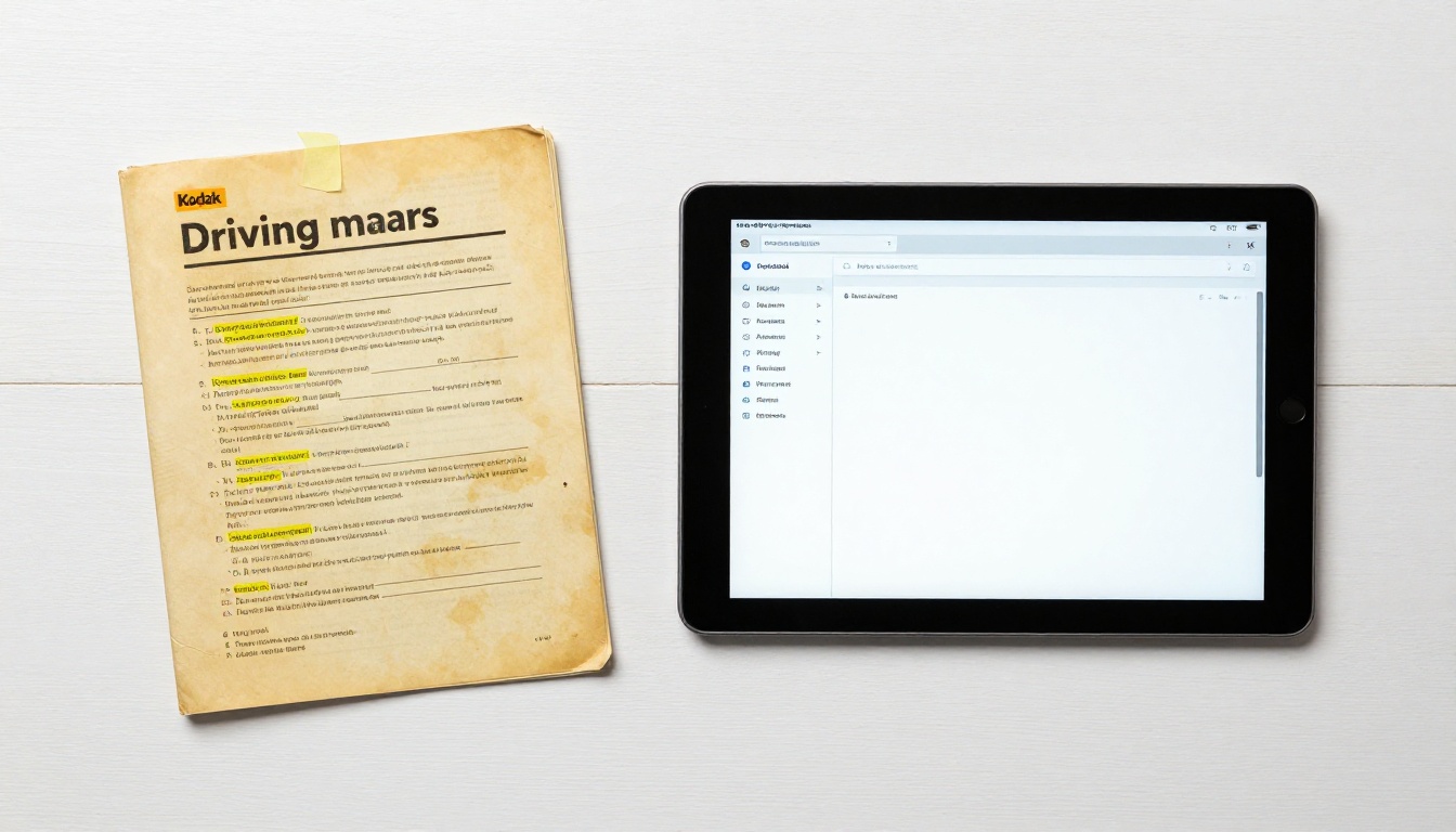 Side-by-side comparison of an old printed driving manual versus a clean digital flipbook on a tablet