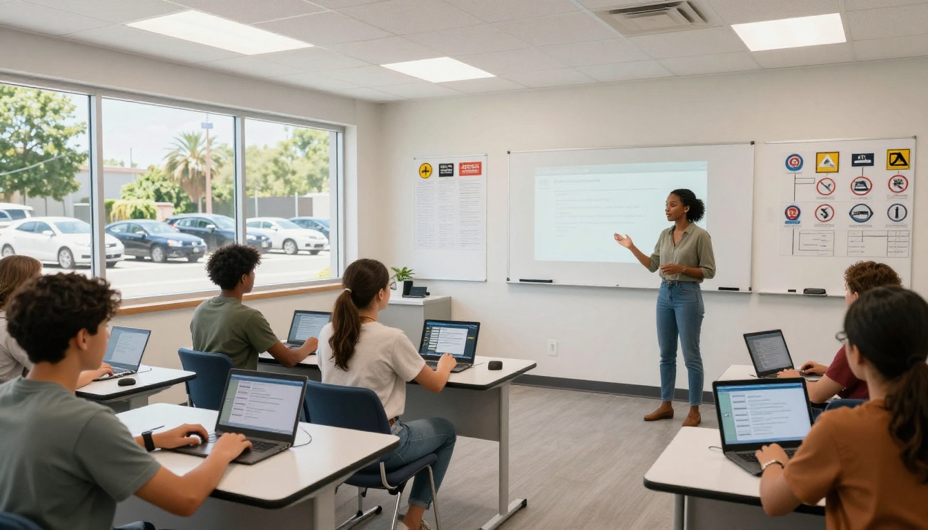 Modern driving school classroom with diverse students using tablets and laptops, instructor at the front