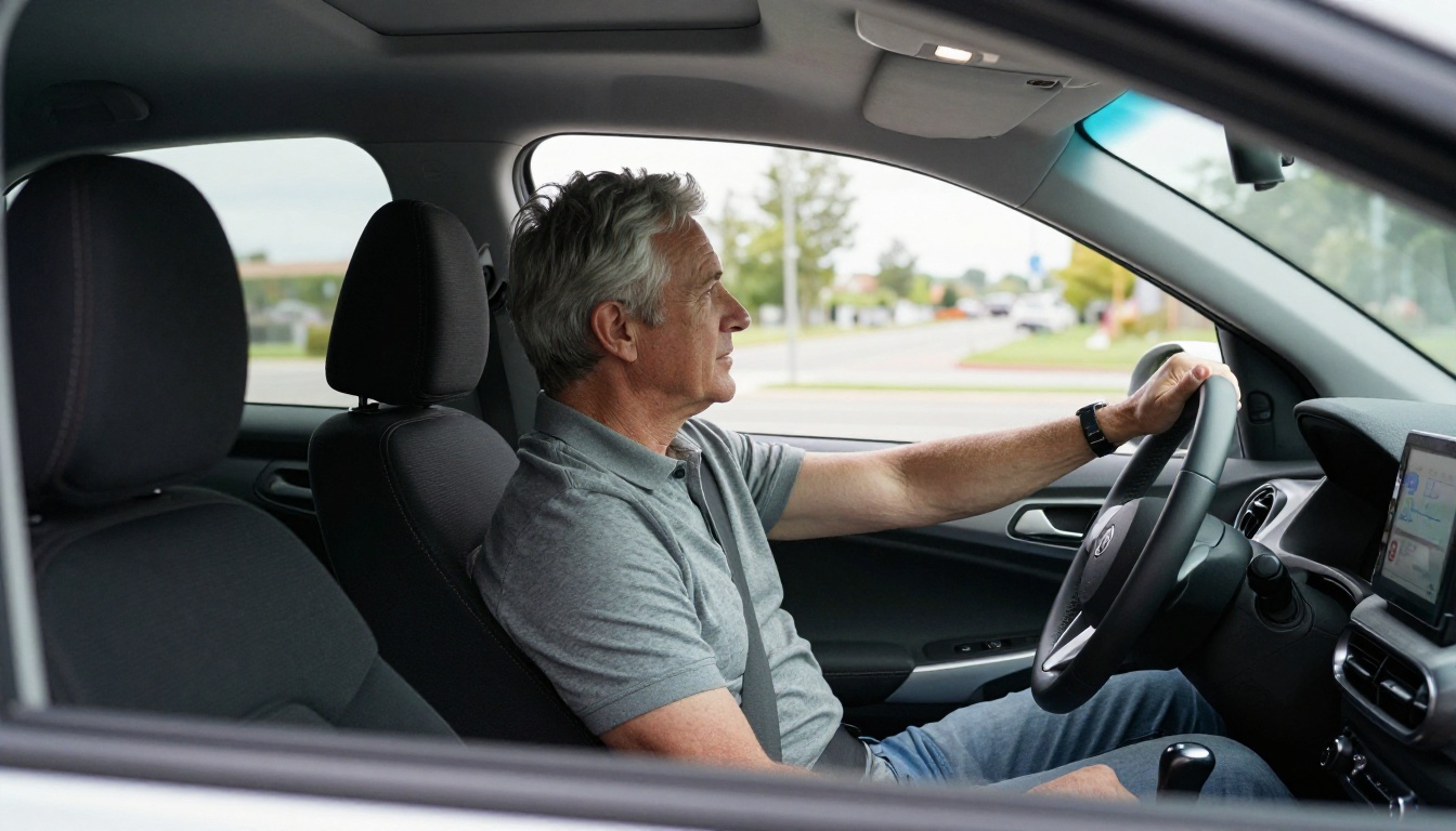 Driving instructor pointing through windshield at an upcoming intersection while student grips the steering wheel